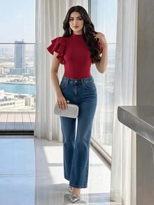 Modelyn Burgundy Red Mock Neck Exaggerated Ruffle Trim Bodysuit - Burgundy - View 2