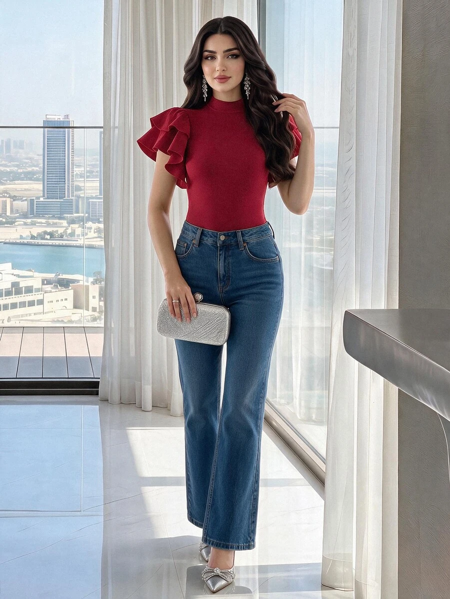 Modelyn Burgundy Red Mock Neck Exaggerated Ruffle Trim Bodysuit