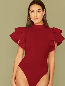 Modelyn Burgundy Red Mock Neck Exaggerated Ruffle Trim Bodysuit - Burgundy - View 3
