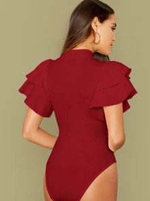 Modelyn Burgundy Red Mock Neck Exaggerated Ruffle Trim Bodysuit - Burgundy - View 4