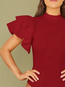 Modelyn Burgundy Red Mock Neck Exaggerated Ruffle Trim Bodysuit - Burgundy - View 6