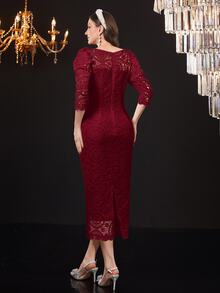 Modelyn Women's Lace V-Neck Puff Sleeve Elegant Long Dress - Burgundy - View 4