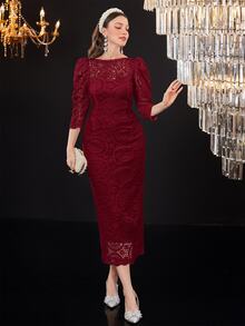 Modelyn Women's Lace V-Neck Puff Sleeve Elegant Long Dress - Burgundy - View 7