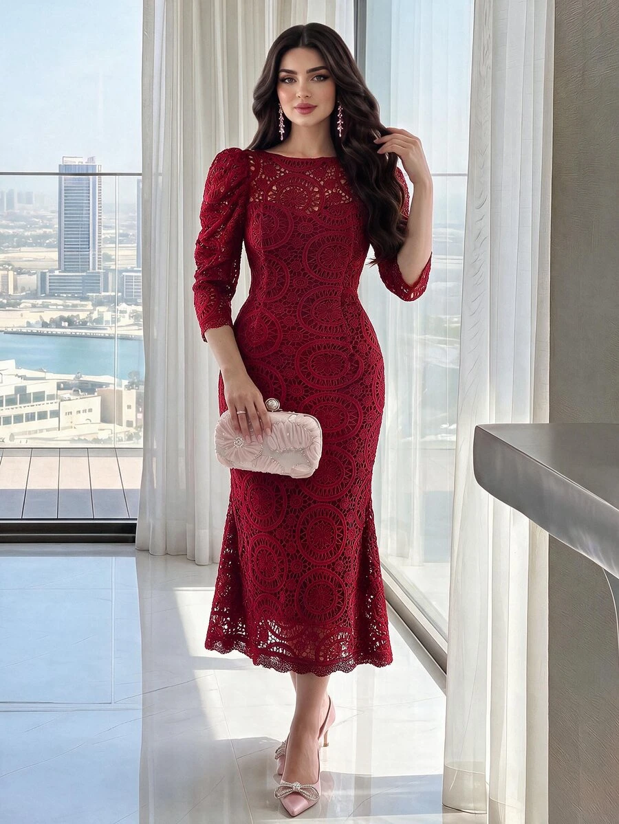 Modelyn Women's Lace V-Neck Puff Sleeve Elegant Long Dress