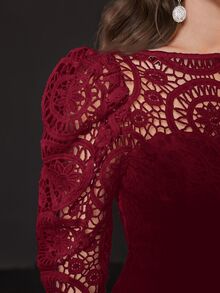 Modelyn Women's Lace V-Neck Puff Sleeve Elegant Long Dress - Burgundy - View 6