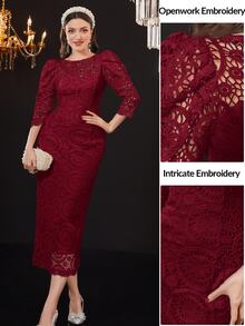 Modelyn Women's Lace V-Neck Puff Sleeve Elegant Long Dress - Burgundy - View 3