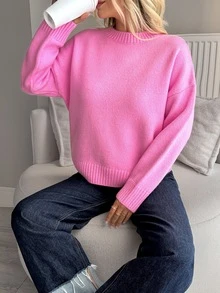 SHEIN Women Round Neck Pink Basic Casual Sweater Long Sleeve Cozy - Hot Pink - View 5