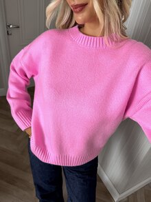 SHEIN Women Round Neck Pink Basic Casual Sweater Long Sleeve Cozy - Hot Pink - View 4