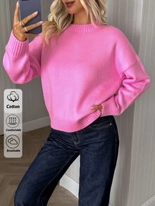 SHEIN Women Round Neck Pink Basic Casual Sweater Long Sleeve Cozy - Hot Pink - View 6
