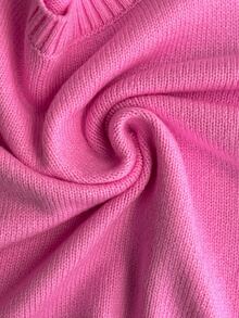 SHEIN Women Round Neck Pink Basic Casual Sweater Long Sleeve Cozy - Hot Pink - View 8