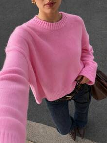 SHEIN Women Round Neck Pink Basic Casual Sweater Long Sleeve Cozy - Hot Pink - View 3