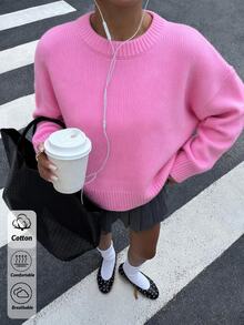 SHEIN Women Round Neck Pink Basic Casual Sweater Long Sleeve Cozy - Hot Pink - View 1
