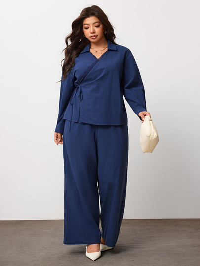 Enliva Plus-Size Women's Tie-Front Shirt Commuter Set, Everyday Wear Apple,Rounded Body