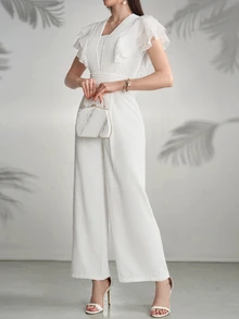 Seusyu Mono casual de mujer con pliegues y ribete de volantes de unicolor - Blanco - Ver 8
