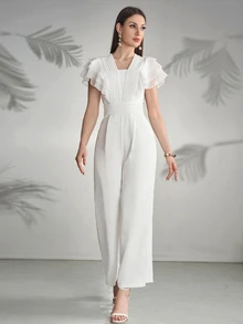 Seusyu Mono casual de mujer con pliegues y ribete de volantes de unicolor - Blanco - Ver 6