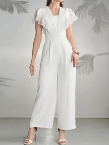 Seusyu Mono casual de mujer con pliegues y ribete de volantes de unicolor - Blanco - Ver 5