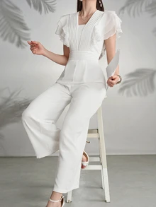 Seusyu Mono casual de mujer con pliegues y ribete de volantes de unicolor - Blanco - Ver 7
