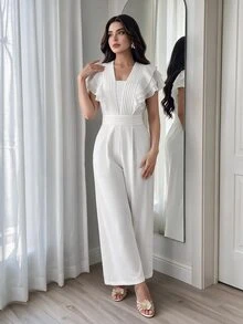 Seusyu Mono casual de mujer con pliegues y ribete de volantes de unicolor - Blanco - Ver 2