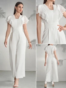 Seusyu Mono casual de mujer con pliegues y ribete de volantes de unicolor - Blanco - Ver 3
