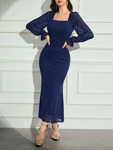 Modelyn Women Elegant Gathered Waist Square Neck Dress, Autumn Long Evening Dresses - Navy Blue - View 6