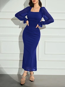 Modelyn 女士方领长袖修身休闲日常连衣裙，简约风格长款晚礼服 - 寶藍色 - 查看 6