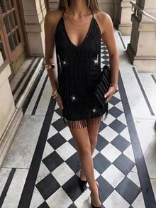 Aloruh 女款優雅黑色流蘇細肩帶迷你洋裝，Y2K辣妹風，適合度假、派對、音樂節、夜店、約會 - 黑色 - 查看 4