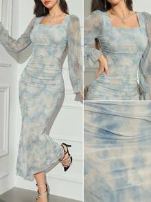 Seusyu Women's Elegant Romantic Solid Color Mesh Slim Long Dress, Autumn Evening Dinner Date Blue And White - Gray Blue - View 2