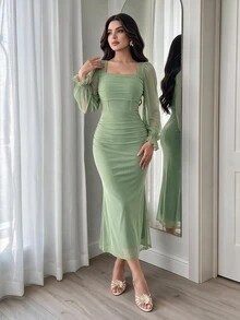 Seusyu Vestido casual de manga larga de unicolor con malla y contraste, vestidos de noche largos para mujer - Verde - Ver 2