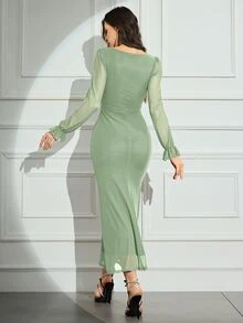 Seusyu Vestido casual de manga larga de unicolor con malla y contraste, vestidos de noche largos para mujer - Verde - Ver 4