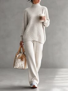 Selianne Women's Solid Color Long Sleeve Top And Pants Casual Daily Knit Two Pieces Set - Apricot - View 4