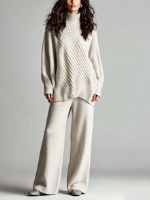 Selianne Women's Solid Color Long Sleeve Top And Pants Casual Daily Knit Two Pieces Set - Apricot - View 3