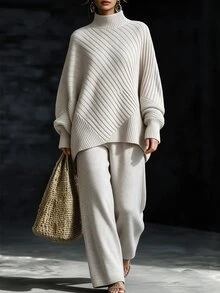 Selianne Women's Solid Color Long Sleeve Top And Pants Casual Daily Knit Two Pieces Set - Apricot - View 5