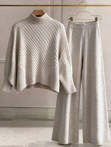Selianne Women's Solid Color Long Sleeve Top And Pants Casual Daily Knit Two Pieces Set - Apricot - View 1