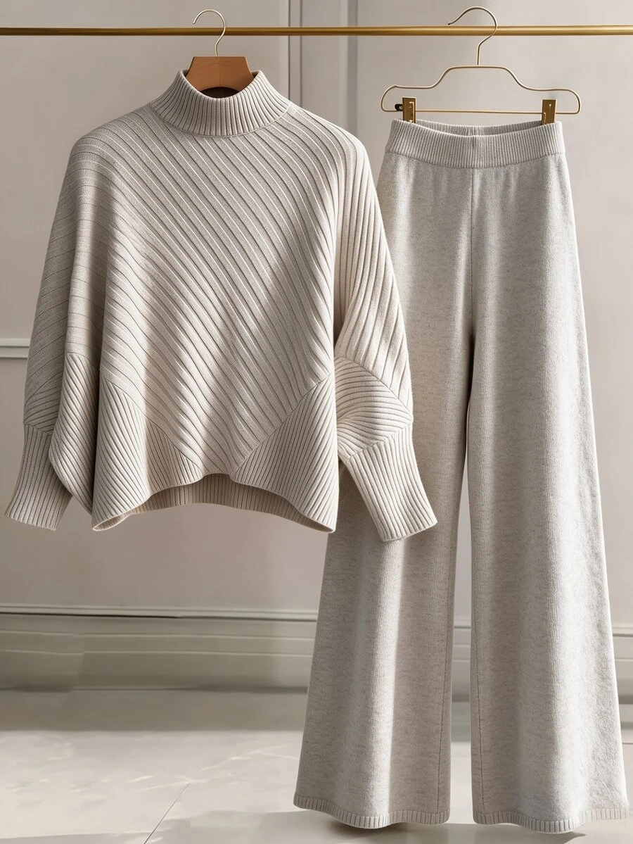 Selianne Women's Solid Color Long Sleeve Top And Pants Casual Daily Knit Two Pieces Set - Apricot - View 1