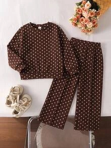 SHEIN Young Girls Young Girl Autumn/Winter Simple Polka Dot Print Long Sleeve Long Pants Set Kids - Multicolor - View 5