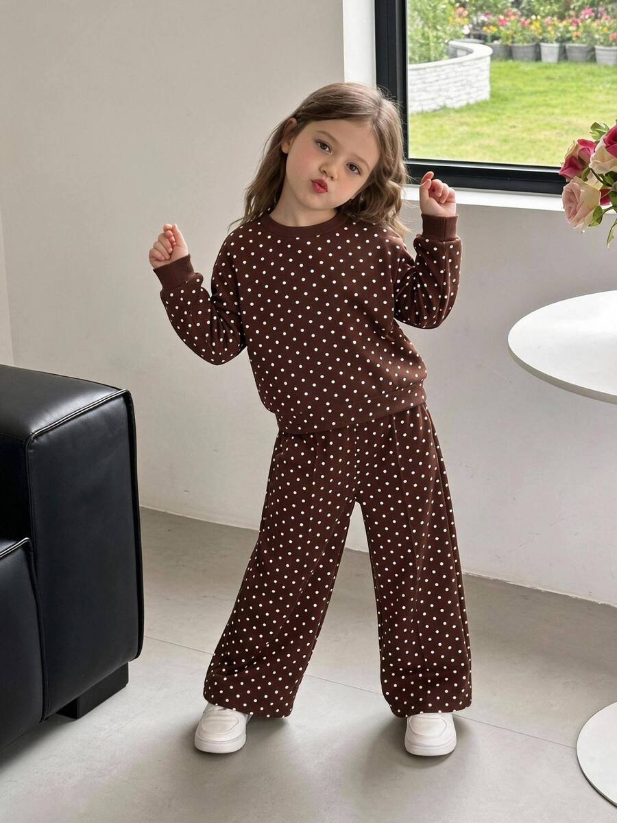 SHEIN Young Girls Young Girl Autumn/Winter Simple Polka Dot Print Long Sleeve Long Pants Set Kids
