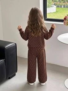 SHEIN Young Girls Young Girl Autumn/Winter Simple Polka Dot Print Long Sleeve Long Pants Set Kids - Multicolor - View 3