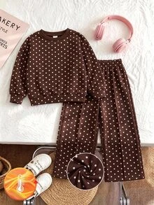 SHEIN Young Girls Young Girl Autumn/Winter Simple Polka Dot Print Long Sleeve Long Pants Set Kids - Multicolor - View 4