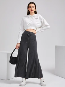 Solavon High Waist Knot Front Wide Leg Pants - Dark Grey - View 4