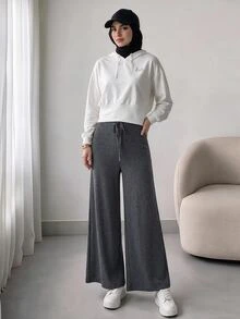 Solavon High Waist Knot Front Wide Leg Pants - Dark Grey - View 1