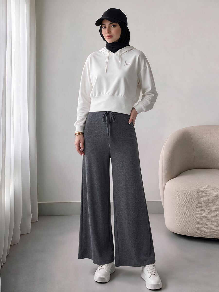 Solavon High Waist Knot Front Wide Leg Pants - Dark Grey - View 1