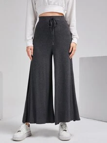 Solavon High Waist Knot Front Wide Leg Pants - Dark Grey - View 2