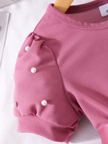 Young Girl' Solid Color Round Neck Pearl Puff Sleeve 3D Flower Elegant Dress With Belt, Summer Summer Holiday - Purple - View 6