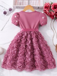 Young Girl' Solid Color Round Neck Pearl Puff Sleeve 3D Flower Elegant Dress With Belt, Summer Summer Holiday - Purple - View 4