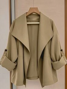 Franclia 女款四季通勤休閒短夾克，小眾設計，帥氣復古大翻領，無鈕扣，短款風衣，休閒薄款外套 - 卡其色 - 查看 1
