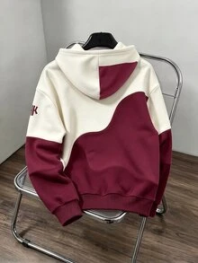 青少年男孩連帽拉鍊運動衫，口袋對比色，休閒運動風，秋季校園穿搭，白色與酒紅色 - 彩色 - 查看 2