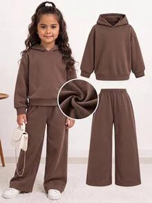 Young Girls Young Girl Kids Minimalist Brown Hooded Snowflake Long Sleeve Sweatshirt With Brown Sweatpants Set Autumn/Winter/All Season - Brown - View 6
