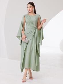 Modelyn Cloak Sleeve Knot Side Green Modest Dress Long Evening Dresses - Mint Green - View 8