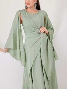 Modelyn Cloak Sleeve Knot Side Green Modest Dress Long Evening Dresses - Mint Green - View 6