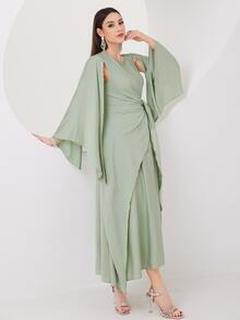 Modelyn Cloak Sleeve Knot Side Green Modest Dress Long Evening Dresses - Mint Green - View 5